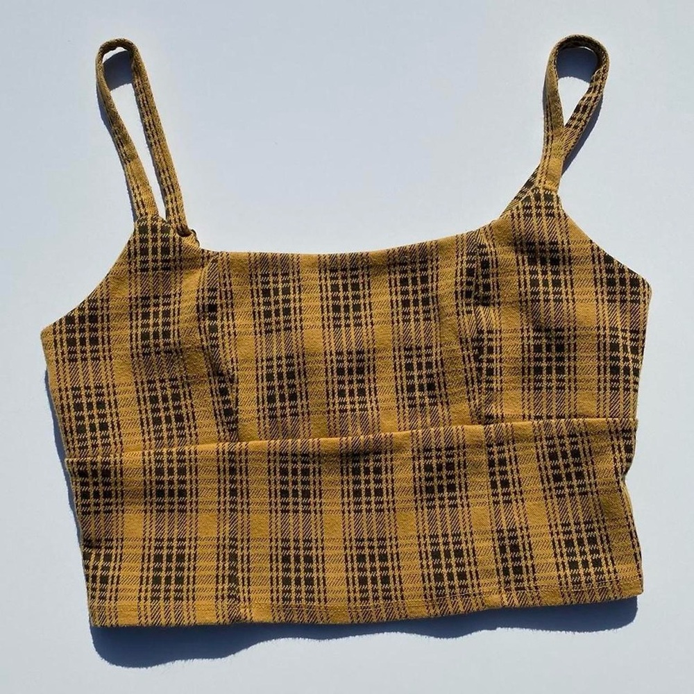 Yellow and Black Plaid Crop Top Women's Large Casual Summer Party Cropped Preppy